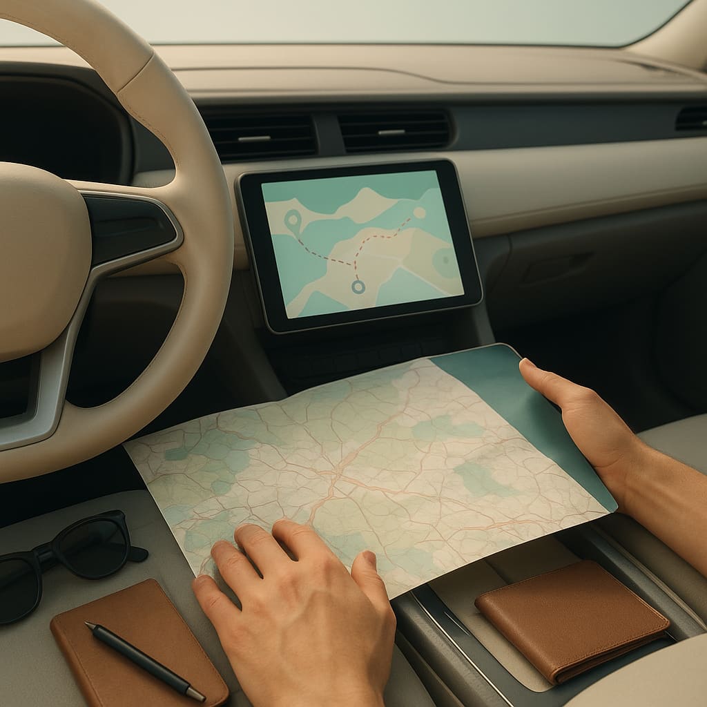 Planung einer Autofahrt mit Karte und digitaler Übersicht im Fahrzeug